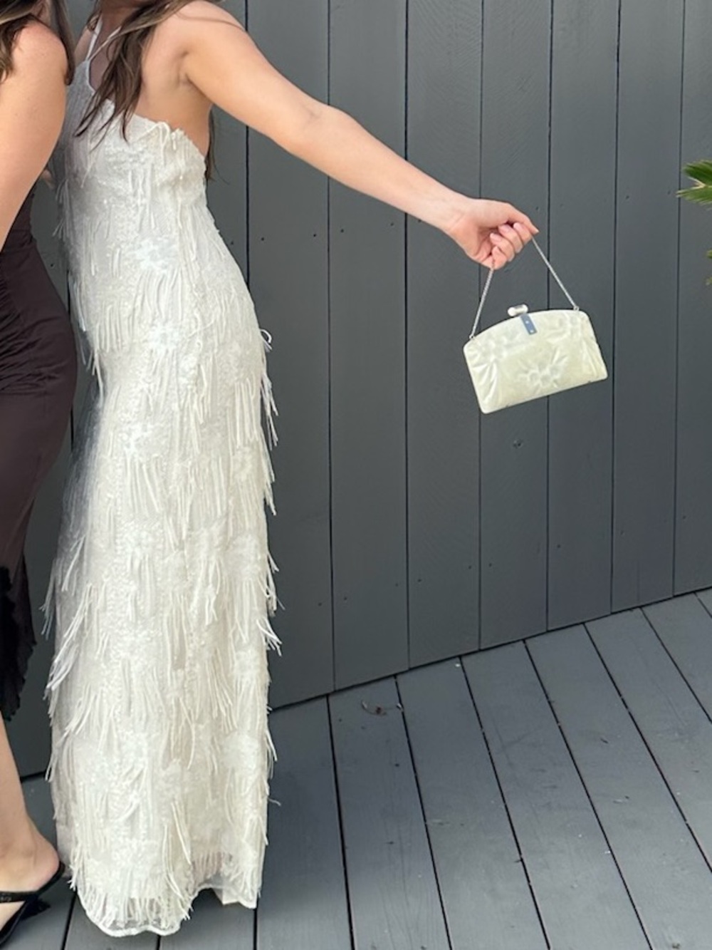 Show me your mumu white fringe sequin maxi dress